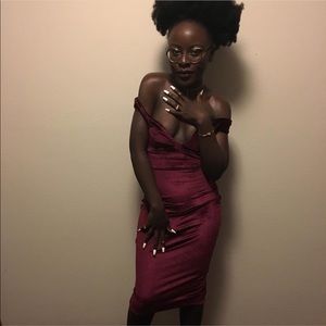 BooHoo Red Velvet Off Shoulder Dress